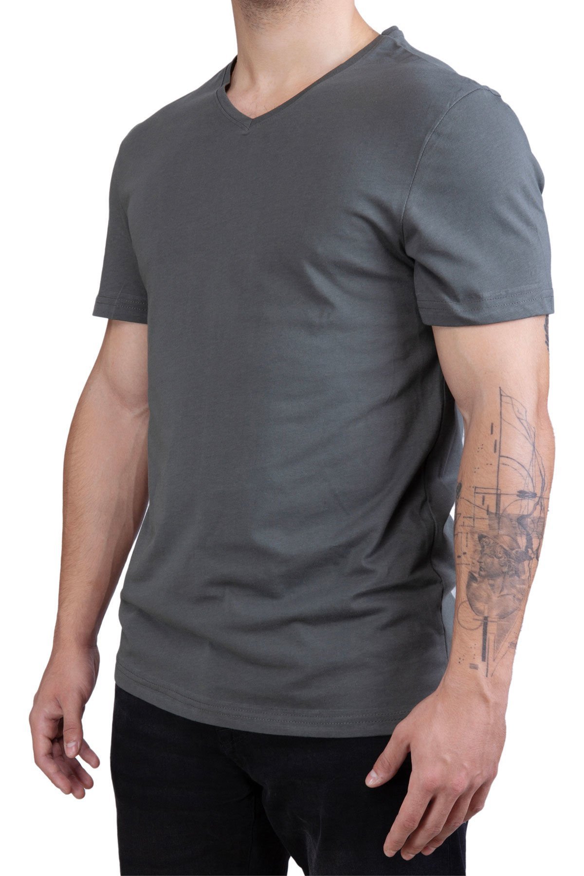 Unisex V Yaka Regular Fit T-Shirt - Antrasit