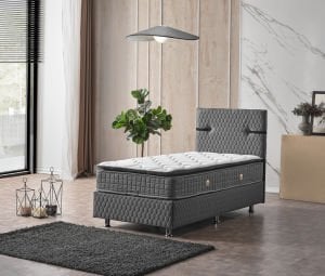 Aston Baza Başlık Yatak Gri Pedli Yatak Tek kişilik 90x190 Cm