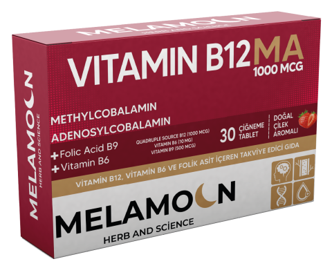 Vitamin B12, Vitamin B6 ve Folik asit içeren takviye edici gıda. 1000mcg Vitamin B12 MA