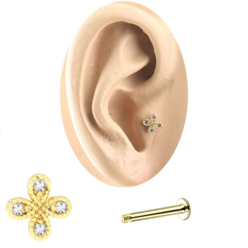 Zirkon Taşlı Gold Yonca Tragus-Helix-Kıkırdak Piercing