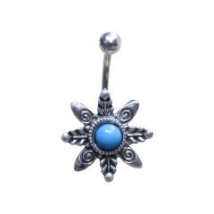 Çelik Mavi Taşlı Çiçek Göbek Piercing