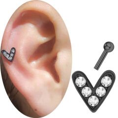 Zirkon Taşlı Siyah Kalp Çelik Helix-Kıkırdak Piercing