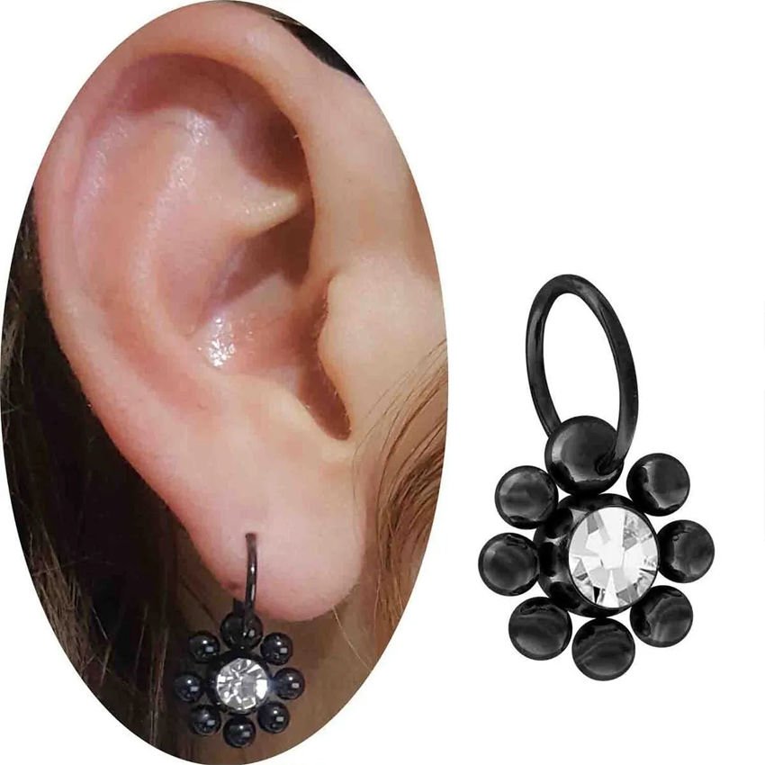 Çelik Taşlı Siyah Çiçek Helix-Kıkırdak Piercing