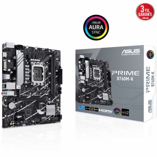Asus Mb Prıme B760M-K Intel B760 Lga1700 Ddr5 8000 Hdmı Vga Çift M2 Usb3.2 Aura Rgb 2.5Gbit Lan Matx