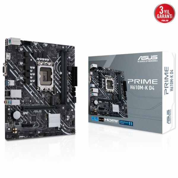 Asus Prıme H610M-K D4 Intel H610 Lga1700 Ddr4 3200 Dp Hdmı M2 Usb3.2 Matx Asus 5X Protectıon Iıı Arm