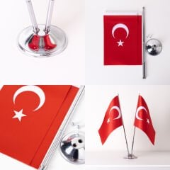 Türkiye 2li Masa Bayrağı Saten Kumaş Dijital Baskı 15x22,5 Cm