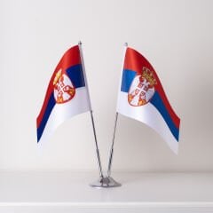 Sırbistan 2li Masa Bayrağı Saten Kumaş Dijital Baskı 15x22,5 cm