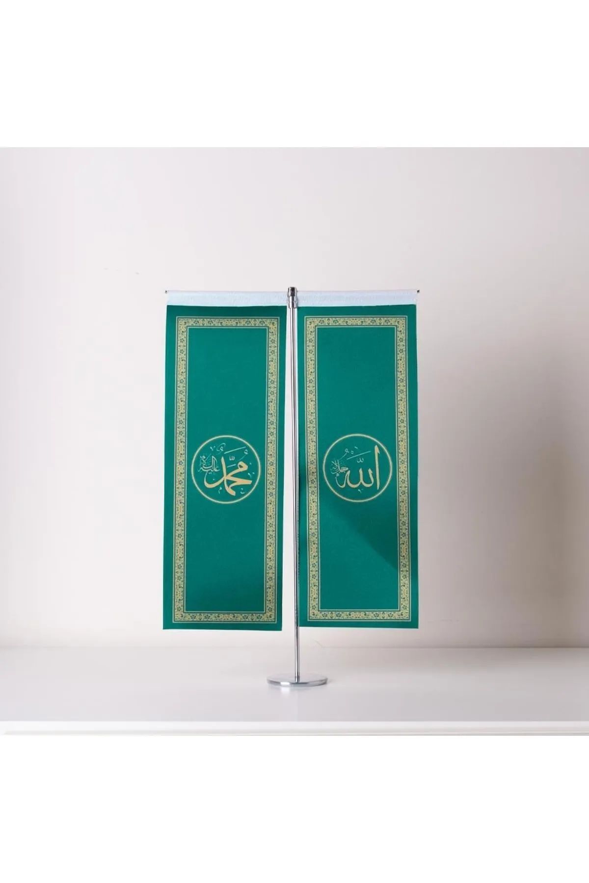 ZC Bayrak Allah-muhammed Ince Uzun Yeşil 2li Masa Bayrağı Saten Kumaş Dijital Baskı 8,5x25 Cm