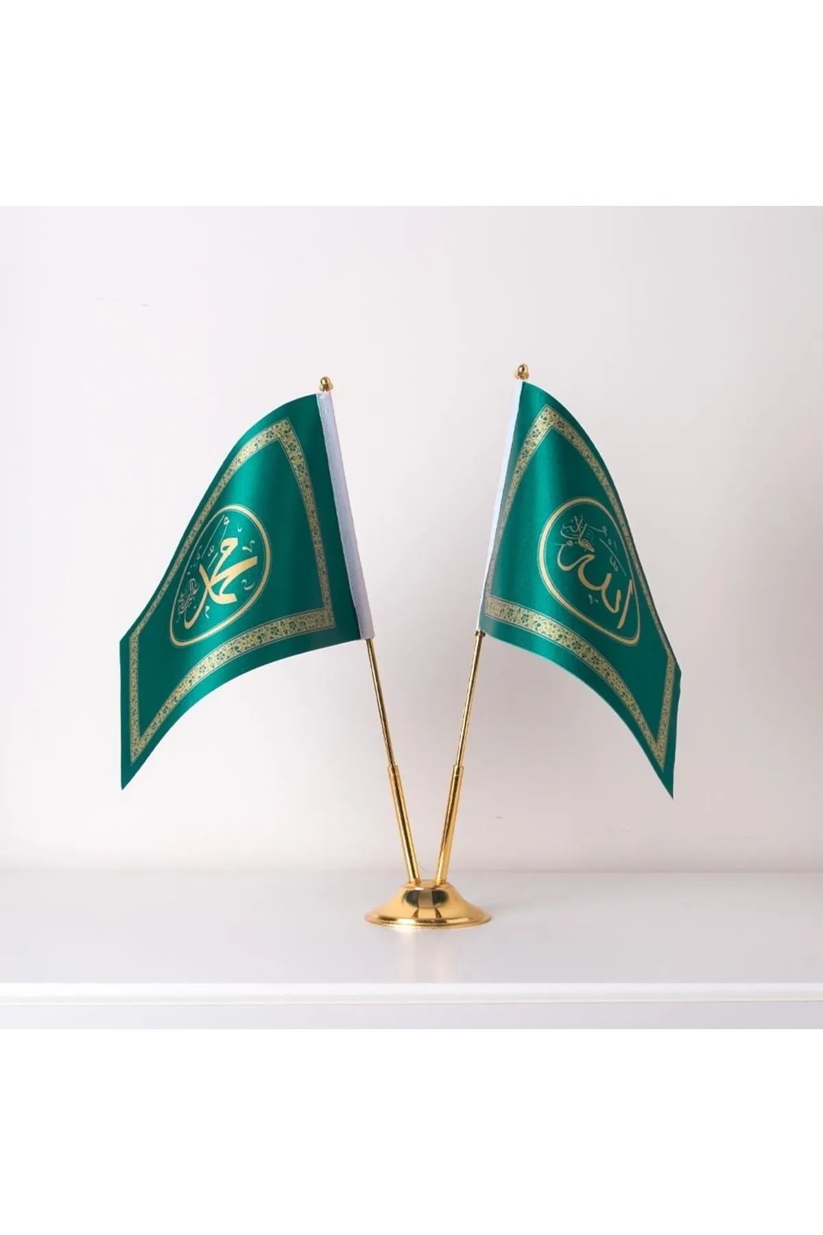 ZC Bayrak Allah-muhammed 2li Masa Bayrağı Saten Kumaş Dijital Baskı 15x22,5 Cm