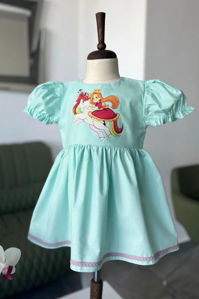 Princess Girl Unicorn Candy Printed Poplin Water Green Baby Girl Dress