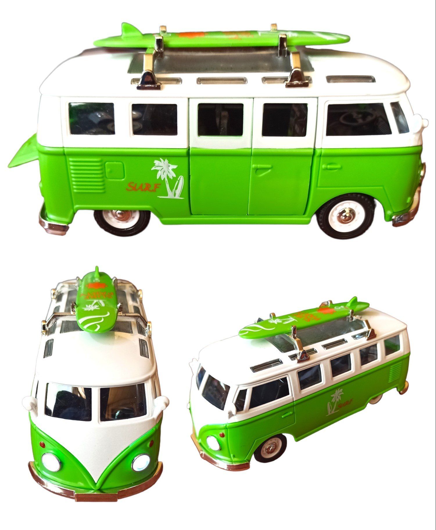 Metal Oyuncak Vosvos Minibüs Işıklı Sesli Çek Bırak Canlı Renkli Nostaljik Surf Minibüsü 14cm. Yeşil