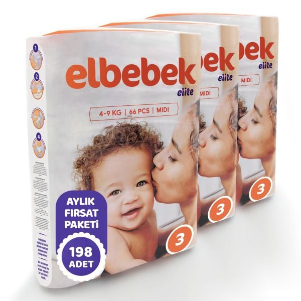 ELBEBEK ELİTE BEBEK BEZİ 3 NUMARA MİDİ 198 ADET