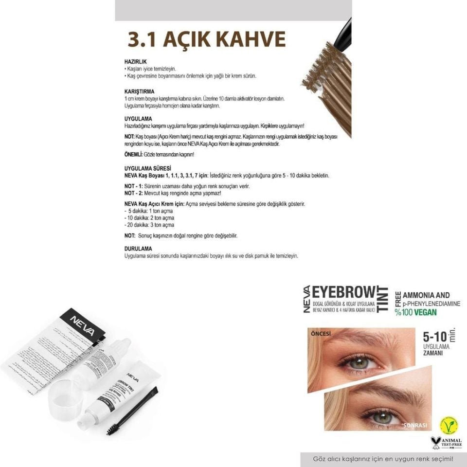 Neva Eyebrow Tint Vegan Kaş Boyası Seti 3.1 Açık Kahve