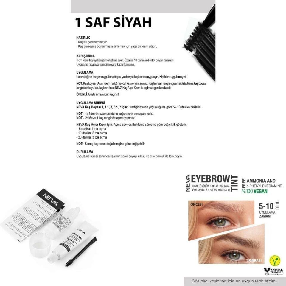 Neva Eyebrow Tint Vegan Kaş Boyası Seti 1 Saf Siyah