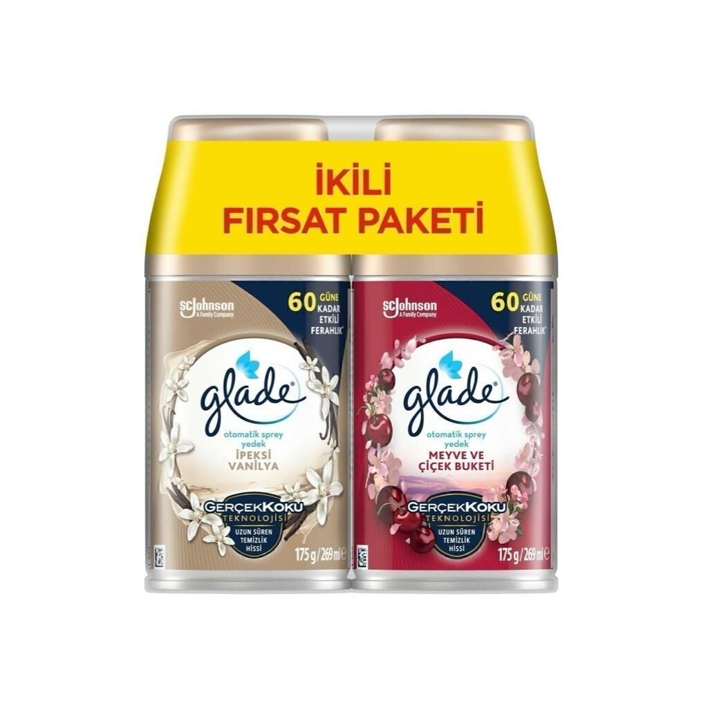 Glade Otomatik Makine Yedek Sprey İpeksi Vanilya + Meyve ve Çiçek Buketi 2 x 269 ml