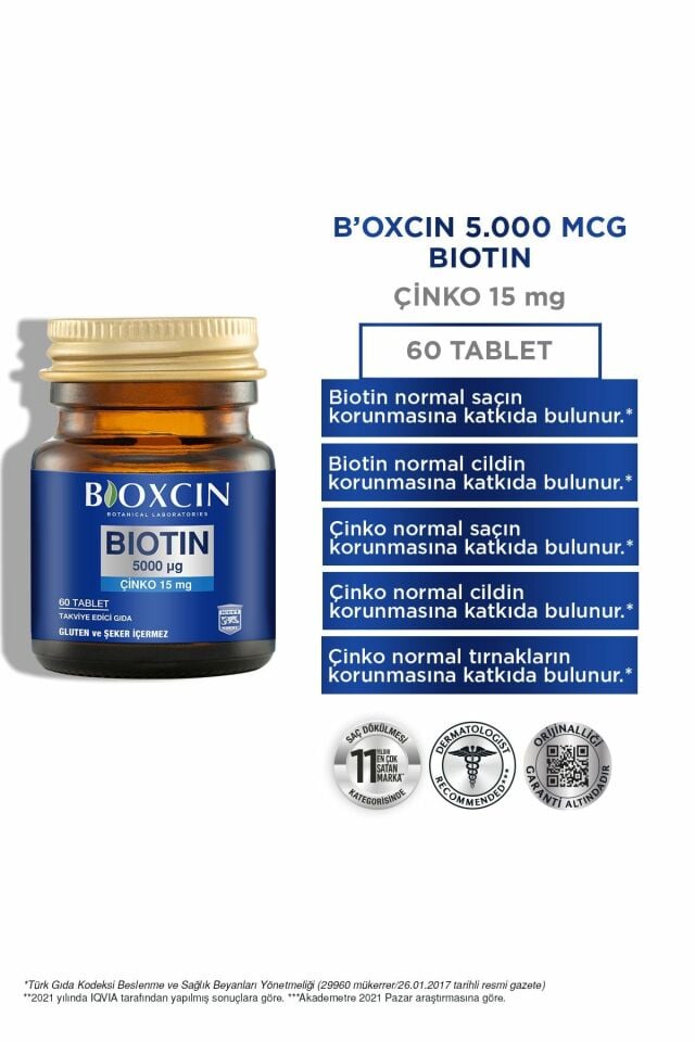 Bioxcin Biotin 5000 mg + Çinko 15 mg 60 Tablet + 300 ml Biotin Şampuan Hediyeli ( Özel Fiyat Etiketli )