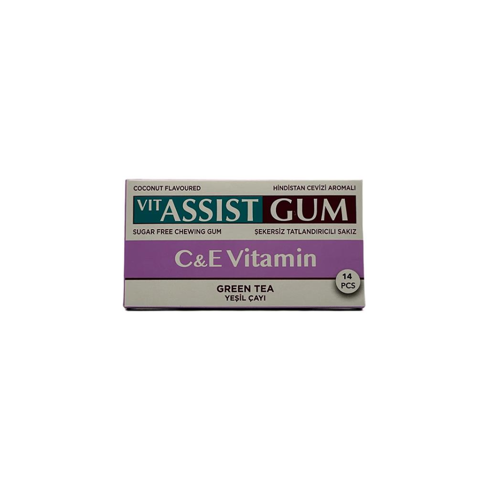 Venton Vit-Assist Gum C & E Vitamin ve Yeşil Çay İlaveli Tatlandırıcılı Hindistan Cevizi Aromalı Şekersiz Sakız 14 lü x 18 Paket