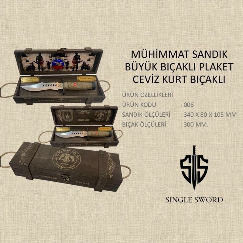 Single Sword Mühimmat Sandıklı Büyük Ceviz Saplı Kurt Bıçaklı Plaket