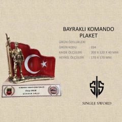 Single Sword Bayraklı Komando Heykelli Plaket