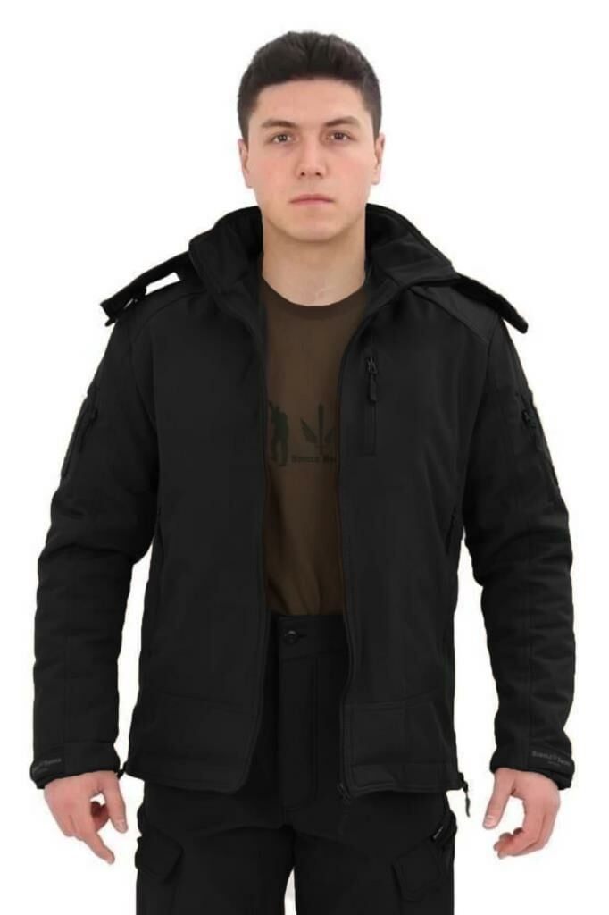 Single Sword Su&Rüzgar Geçirmez Outdoor Softshell Kışlık Erkek Mont (Kapüşonlu) SİYAH - 3XL