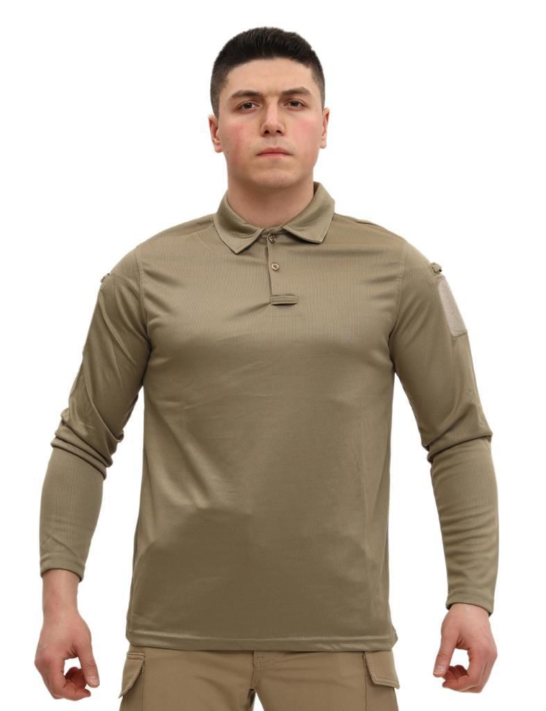 Single Sword Polo Yaka Uzun Kol Taktik T-Shirt AÇIK BEJ - XL
