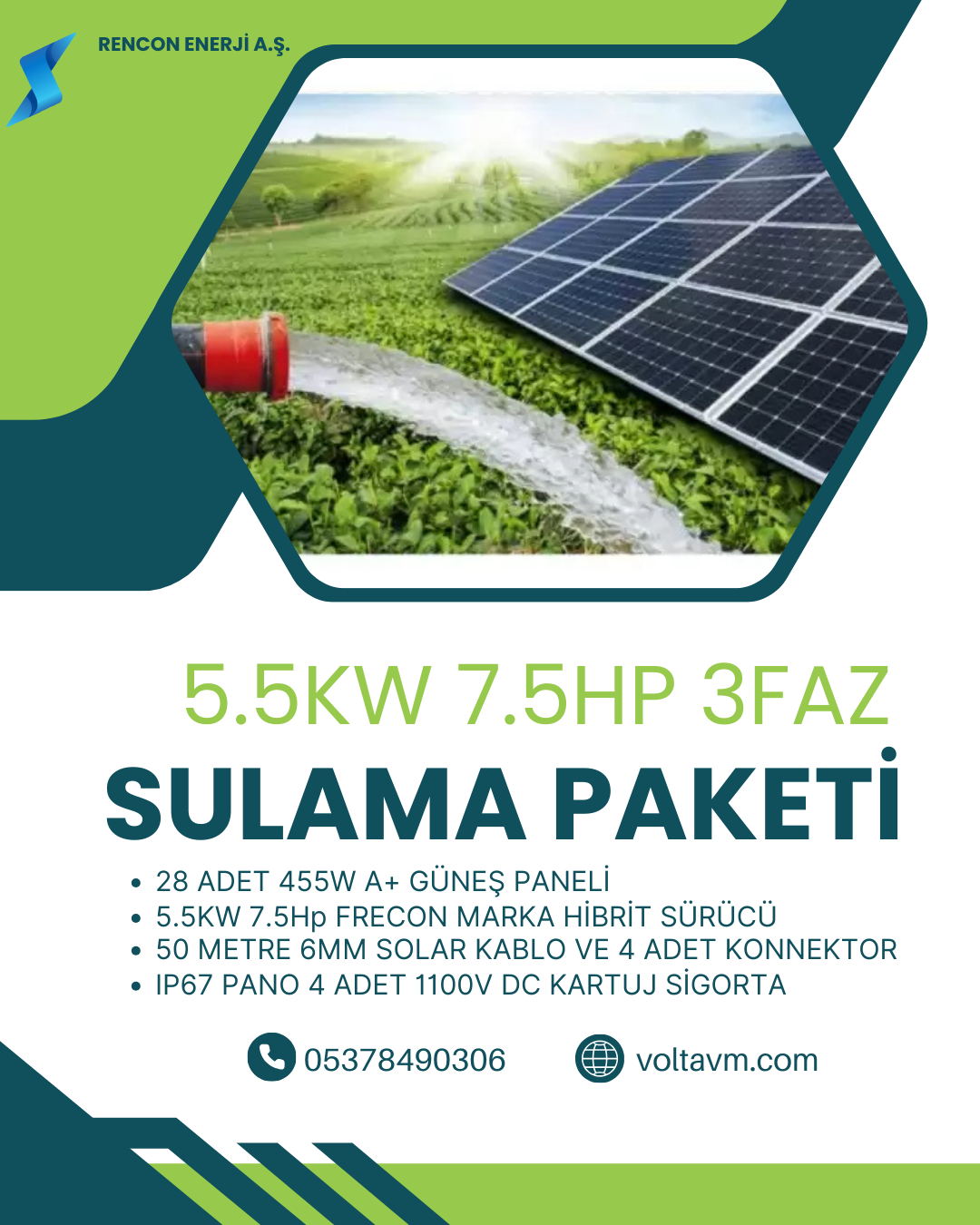 5.5KW 7.5HP MOTOR İÇİN SOLAR SULAMA PAKETİ;28 ADET 455W A+ Güneş Paneli 1 adet 7.5Hp FRECON PV500 SOLAR SÜRÜCÜLÜ INVERTER 50 Metre 6mm DC Solar Kablo 4 Adet MC4 Konnektor