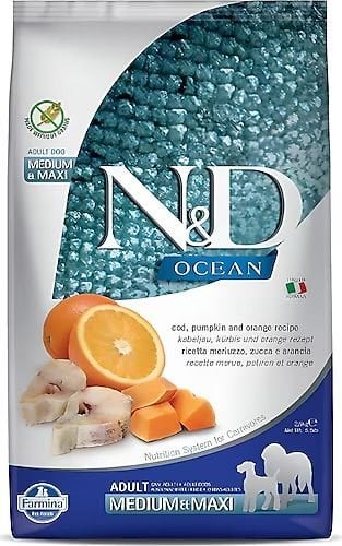 N&D Ocean Tahılsız Bal Kabaklı Balıklı ve Portakallı Orta ve Büyük Irk Yetişkin Köpek Maması 2.5 kg