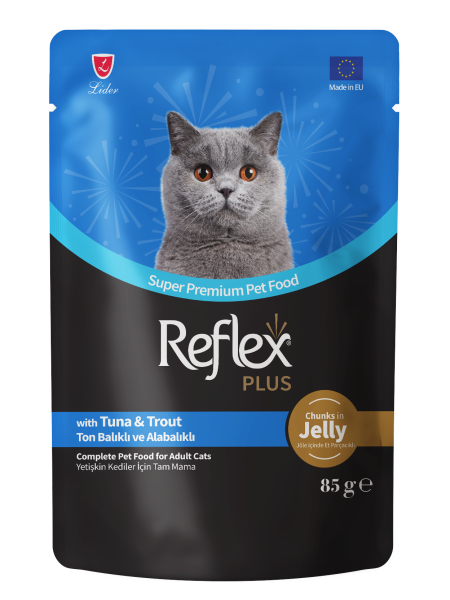 Reflex Plus Jöle İçinde Et Parçacıklı Ton Balıklı Ve Alabalıklı Yetişkin Kedi Maması 85g