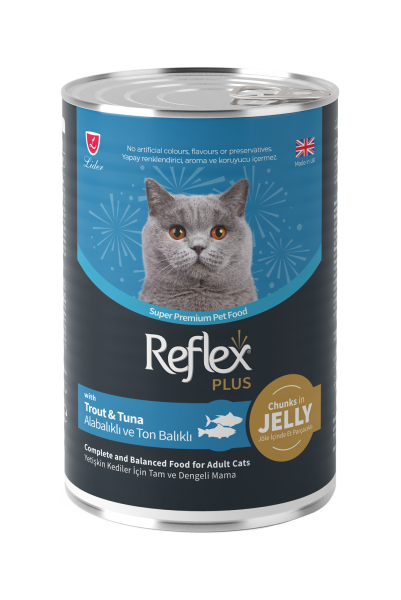 Reflex Plus Jöle İçinde Et Parçacıklı Alabalıklı ve Ton Balıklı Yetişkin Kedi Maması 400G