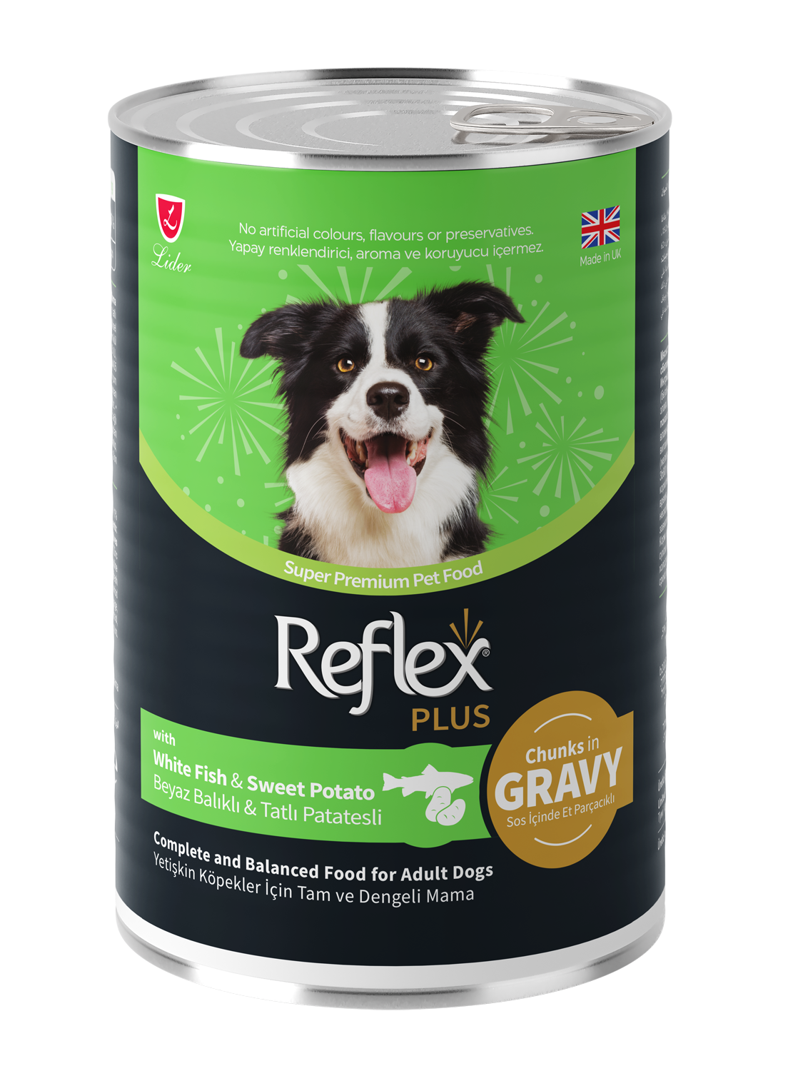 Reflex Plus Sos İçinde Et Parçacıklı Beyaz Balıklı ve Tatlı Patatesli Yetişkin Köpek Maması 400g