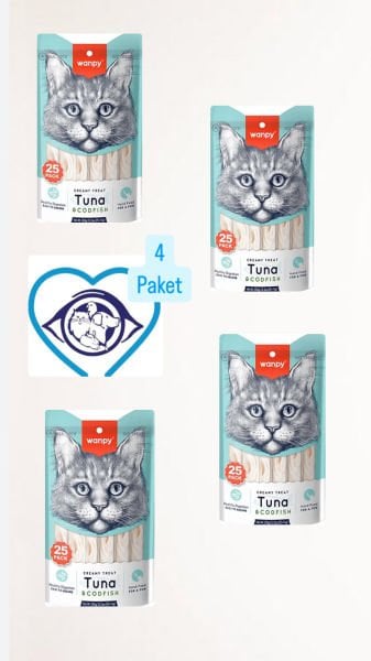 Wanpy Tuna Balıklı ve Somonlu Sindirim Sistemi Destekleyici Krema Kedi Ödül Maması 14gr (25'li) - 4 Paket