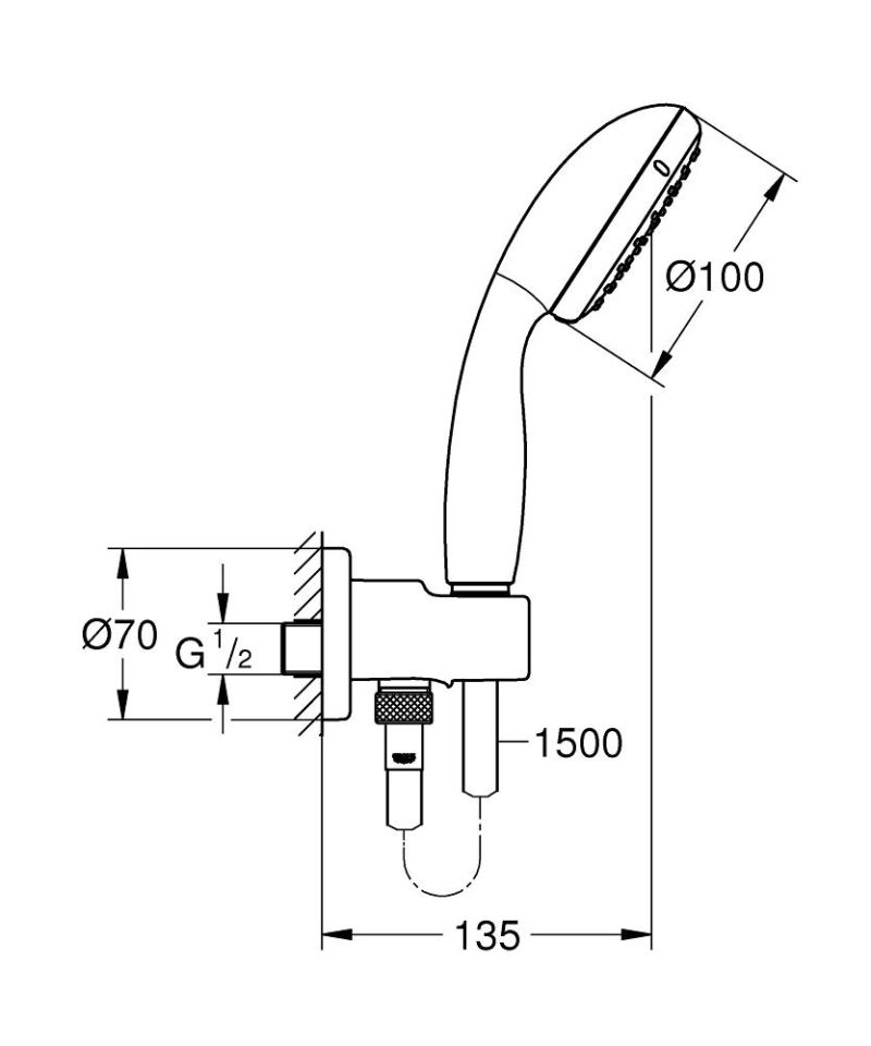 GROHE 26406001 Temposta 100 El Duşu Askılı Su Çıkış Dirseği, El Duşu ve Spiral Hortum