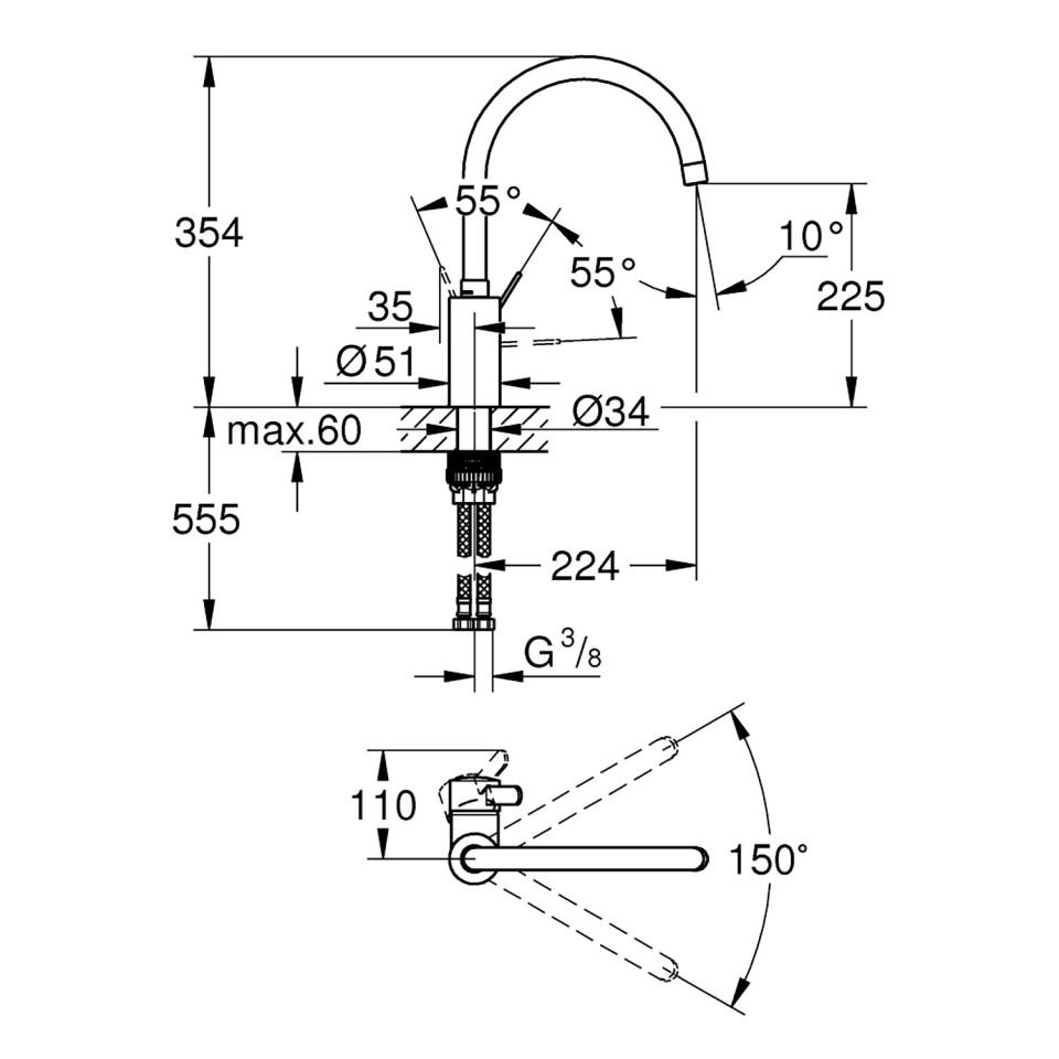 GROHE 32843002 Eviye Bataryası Döner Borulu Eurosmart Cosmo