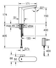 GROHE 36421001 EUROSMART COSMOPOLİTAN E Fotoselli Lavabo Bataryası, 1/2'', L-Boyut, Çift Su Girişli, Ayarlanabilir Sıcaklık Sınırlayıcısı