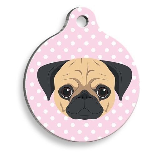 Pet Tag Art Pembe Puantiyeli Pug Yuvarlak Köpek Künyesi