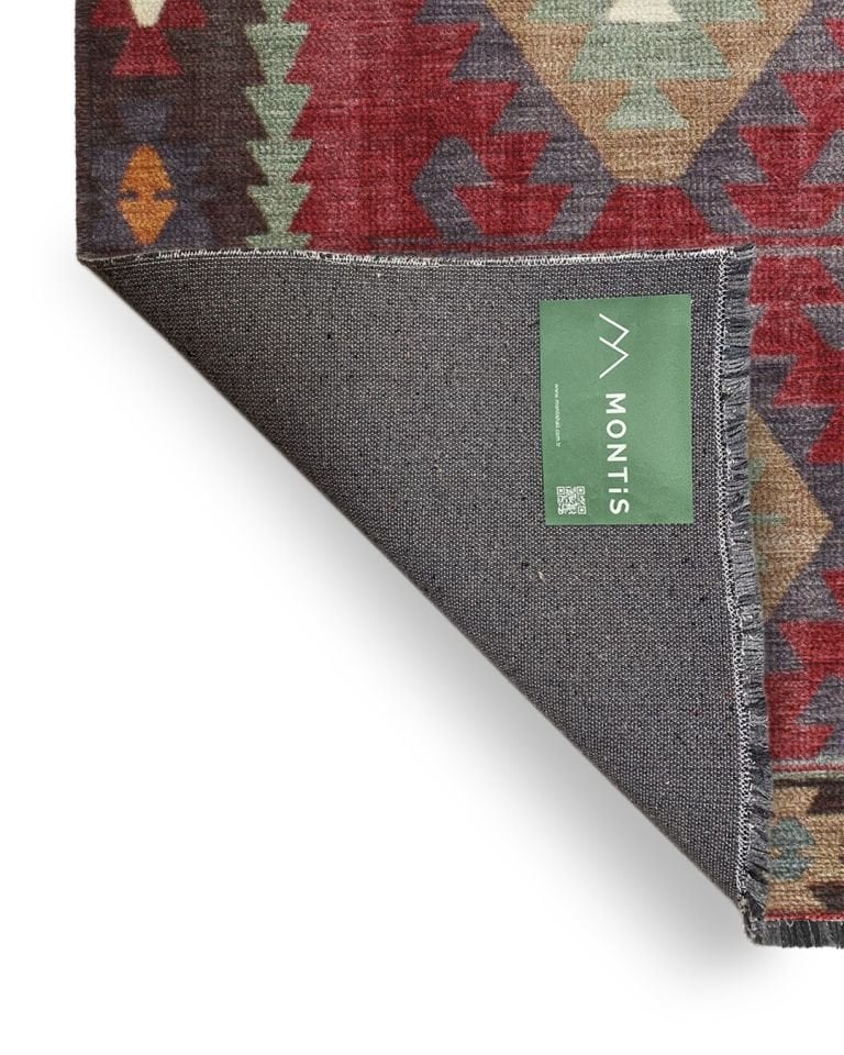 Montis Halı Vivere 35021 Bordo Şönil Dokuma Renkli Kilim Desenli Makine Halısı