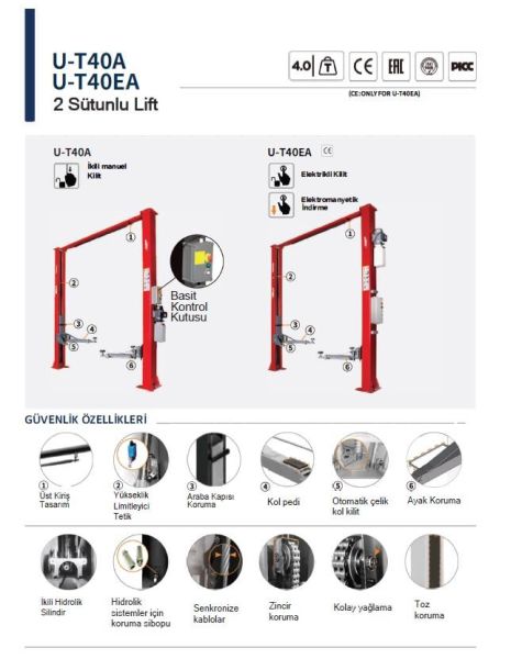 Unite U-T40EA 2 Sütunlu Üstten Baglantı Otomatik Kilitli Lift 380V