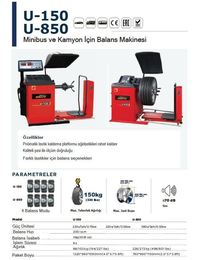 Unite U-150 Ağır Vasıta Sabit Balans Pnömatik Lift Dijital Ekran 220V