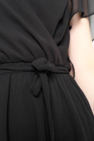 Kruvaze Yaka Şifon Elbise Siyah - 5050.1322.