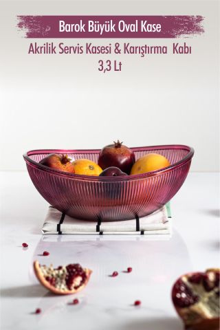 Akrilik Barok Mürdüm Büyük Oval Meyve & Salata Kasesi & Karıştırma Kabı / 3,3 Lt  (CAM DEĞİLDİR)