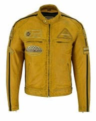 Giacca da moto in pelle vintage | Protezioni CE-UOMO-GIALLO