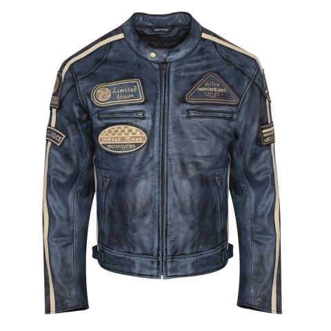 Giacca da moto in pelle vintage | Protezioni CE-UOMO-BLU