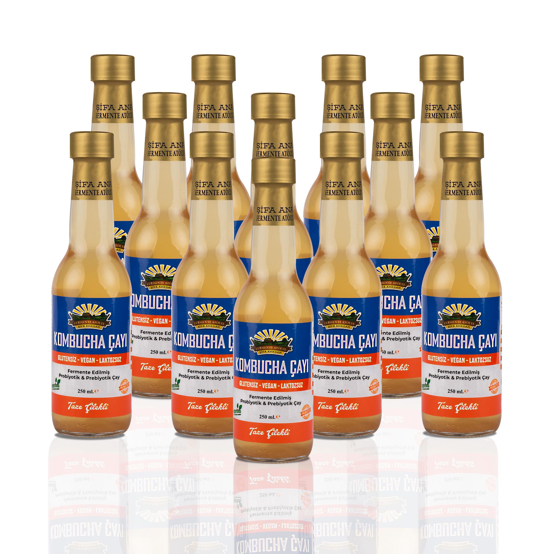 12 Adet Taze Çilekli Kombucha (250ml.) Cam Şişede