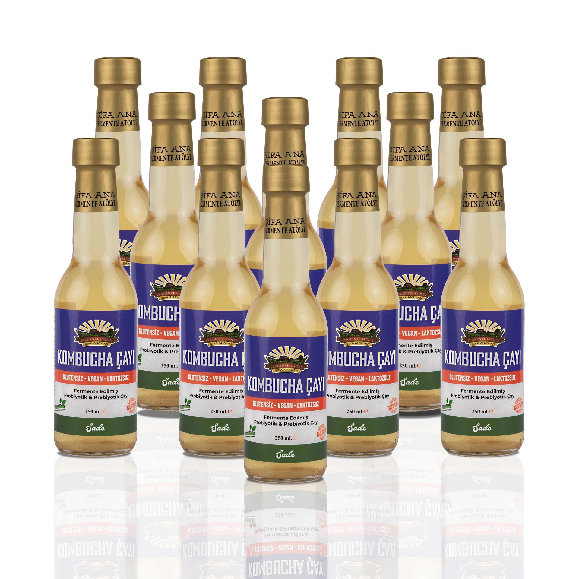 12 Adet Sade Kombucha (250ml.) Cam Şişede