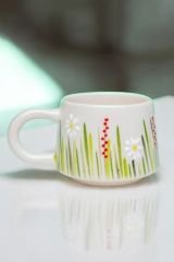 El İşi Seramik Beyaz Papatya Kupa Bardak Mug Beyaz