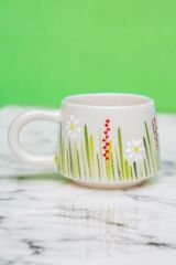 El İşi Seramik Beyaz Papatya Kupa Bardak Mug Beyaz