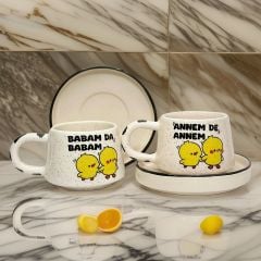 İlbay Seramik Klasik Kupa Bardak 2 li Tabaklı Annem de Annem Babam da Babam