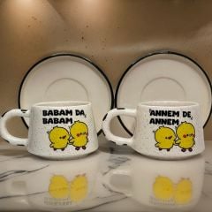 İlbay Seramik Klasik Kupa Bardak 2 li Tabaklı Annem de Annem Babam da Babam
