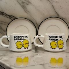 İlbay Seramik Klasik Kupa Bardak 2 li Tabaklı Annem de Annem Babam da Babam