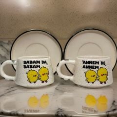 İlbay Seramik Klasik Kupa Bardak 2 li Tabaklı Annem de Annem Babam da Babam